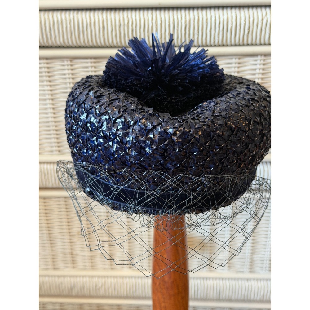Vintage Mr. John Classic Navy Blue Woven Straw Pillbox Hat with Veil Pom-Pom